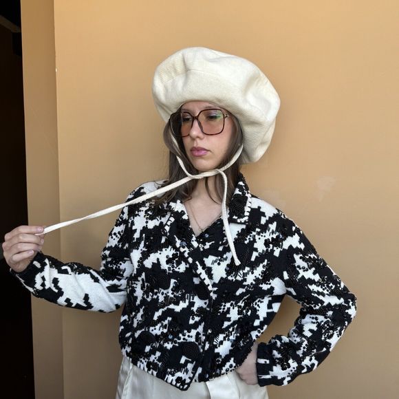 90s Michael Simon Cardigan M Sweater Black & White Houndstooth